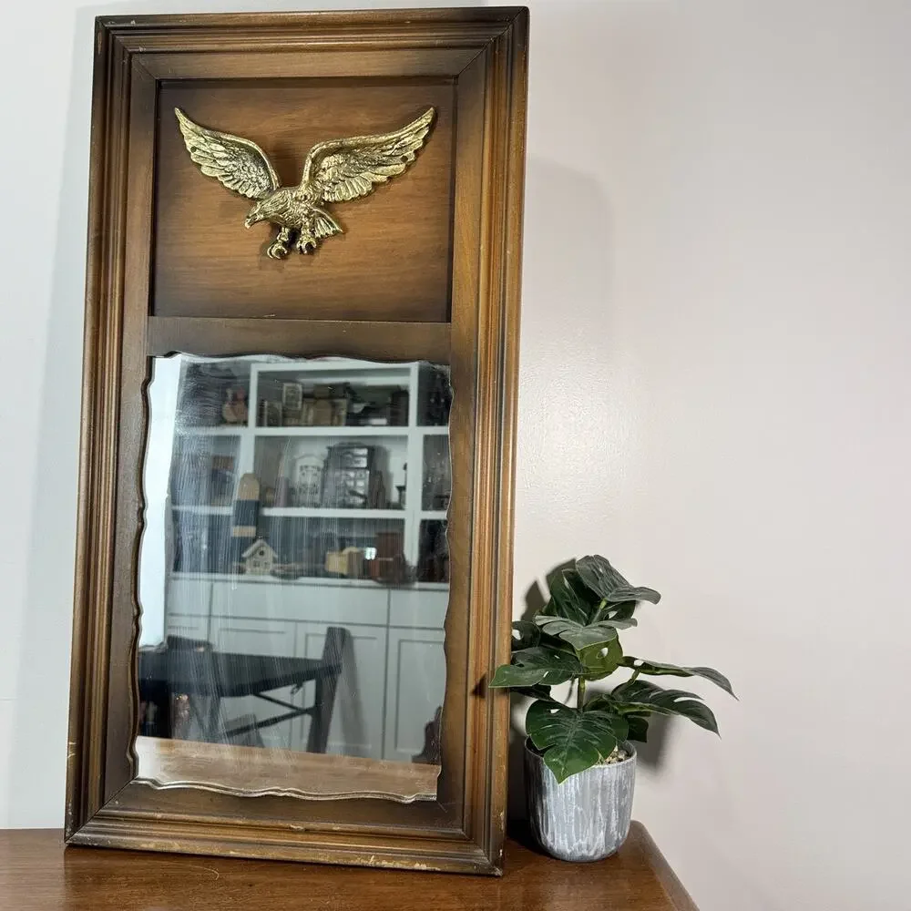 Vintage Wall Mirror with Brass Eagle Appliqué Wood Frame Colonial Decor